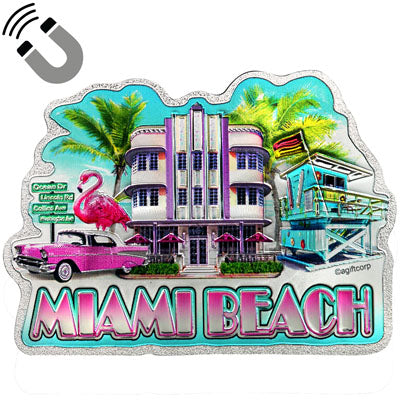 Miami Beach Skyline Rectangle Multi-Color Metal Magnet, Souvenir Gift - Fridge & Home Magnet 5 inches