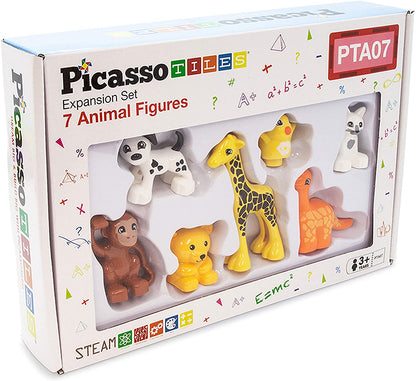 PicassoTiles 7pc Magnetic Animal Action Figure Set for Magnet Building Block Educational STEM Learning Kit Construction Toy