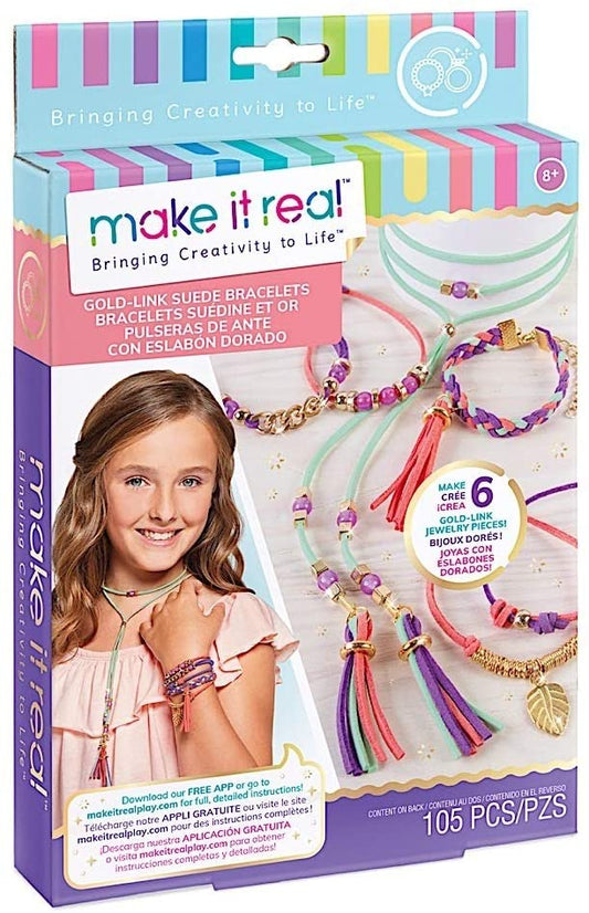 Make It Real - Gold Link Suede Bracelets. DIY Suede Bracelet and Choker Making Kit - Arts and Crafts Kit to Design and Create Tween Jewelry