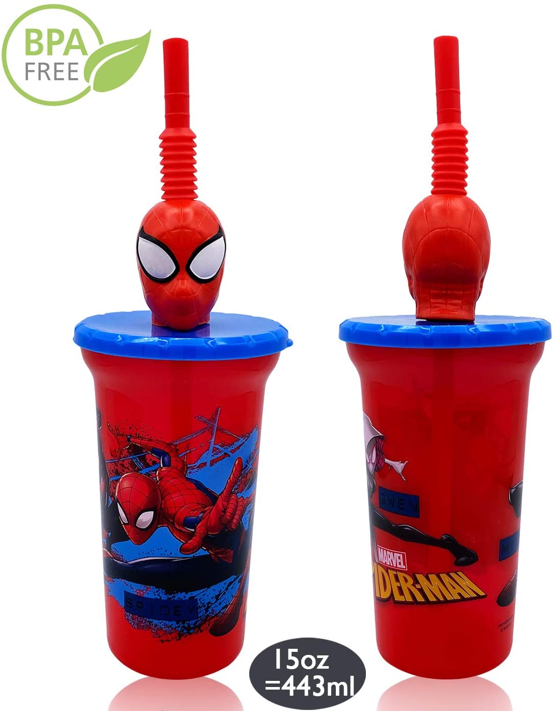 Marvel Super Hero Spiderman Buddy Sips Water Tumbler with 3D Character Head Straw Drinkware - Safe BPA free Bottles, Easy to Clean.