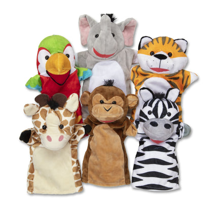 Melissa & Doug Safari Buddies Hand Puppets, Set of 6 (Elephant, Tiger, Parrot, Giraffe, Monkey, Zebra)