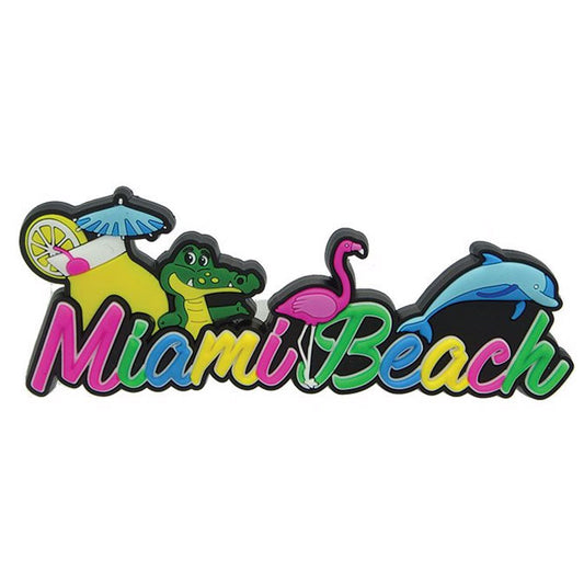 Fridge Rubber Magnet Miami Beach Font and Tropical Animals - Approx. size 4.5'' x 2.5'', Travel Souvenir Gift, Color may vary 1Pcs