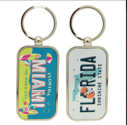 Double Sided Foil Key Chain Tag Florida Map/Miami License Plate Look, Travel Souvenir Gift