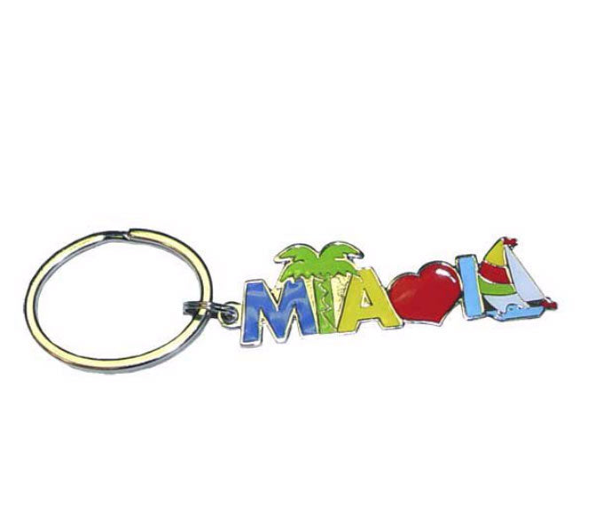 Miami Font with Palm Tree, Heart and Sailboat Key Chain Enamel Fill - Travel Key Ring Souvenir Gift- Multicolor 3 inches