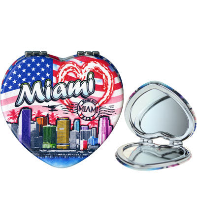 Miami Pocket Mirror on the go Feature USA Flag, Miami Skyline and Heart Theme - Miami Beauty Souvenir, 2.5" Multicolor