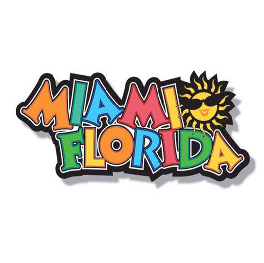 Miami Florida Rubber Script Magnet, approx. size 1.5 x 6'' - Miami Sun with Sunglasses, Travel Souvenir Gift, Color may vary 1Pcs