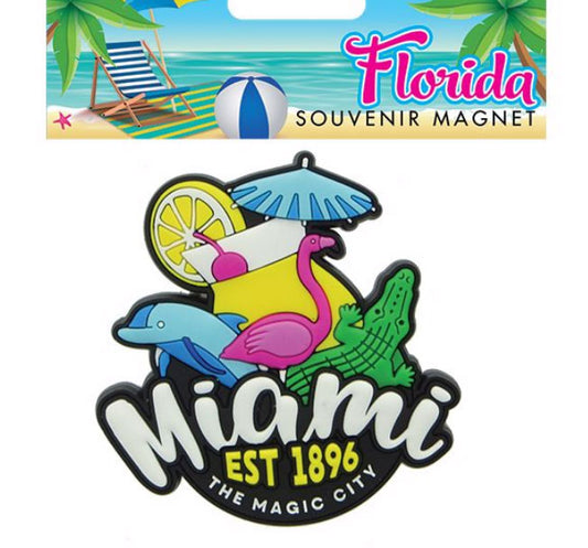Rubber Magnet Art Miami Icons the Magic City EST 1896 - Flamingo, Gator, Dolphin