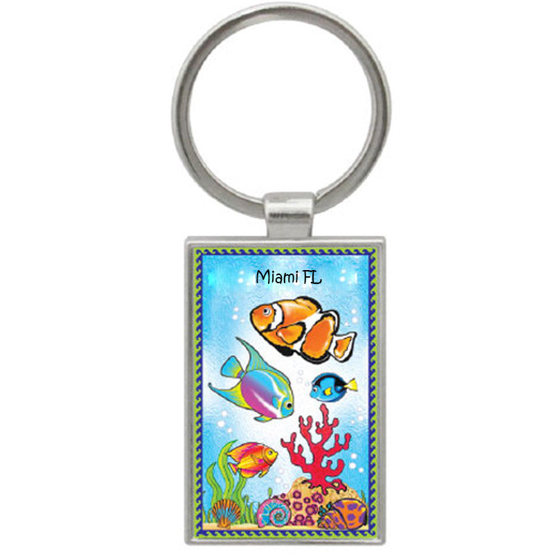 Miami Florida Sea Animal Key Chain Rectangular Enamel Metal Keychain - Travel Souvenir Gift, Multicolor (1Pcs)
