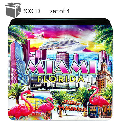 Miami Florida Skyline Coasters - Drink Coasters for Tabletop Protection, Miami, Skyline City, Suitable for Kinds of Cups, Wooden Coaster 4 Pack