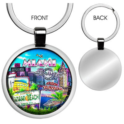 Miami/Florida Skyline Metal Round Key Chain Ring, Travel Souvenir Gift- Multicolor, 1.25" X 1.25" (1Pcs)