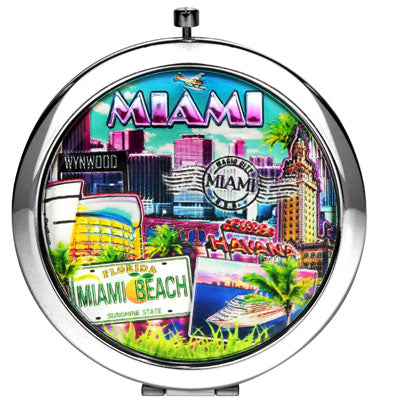Miami Pocket Mirror on the go Feature USA Flag and Miami Skyline - Miami Beauty Accessories, 2.5" Multicolor