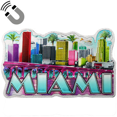 Miami Skyline Rectangle Multi-Color Metal Magnet, Souvenir Gift - Fridge & Home Magnet 5 inches (1Pcs)