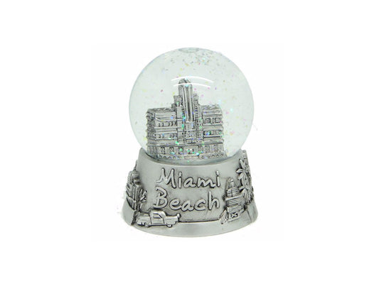 Miami Beach Silver Snow Globe 65mm Polyresin, Art Deco Pewter - 3D images of South Beach Famous Landmarks