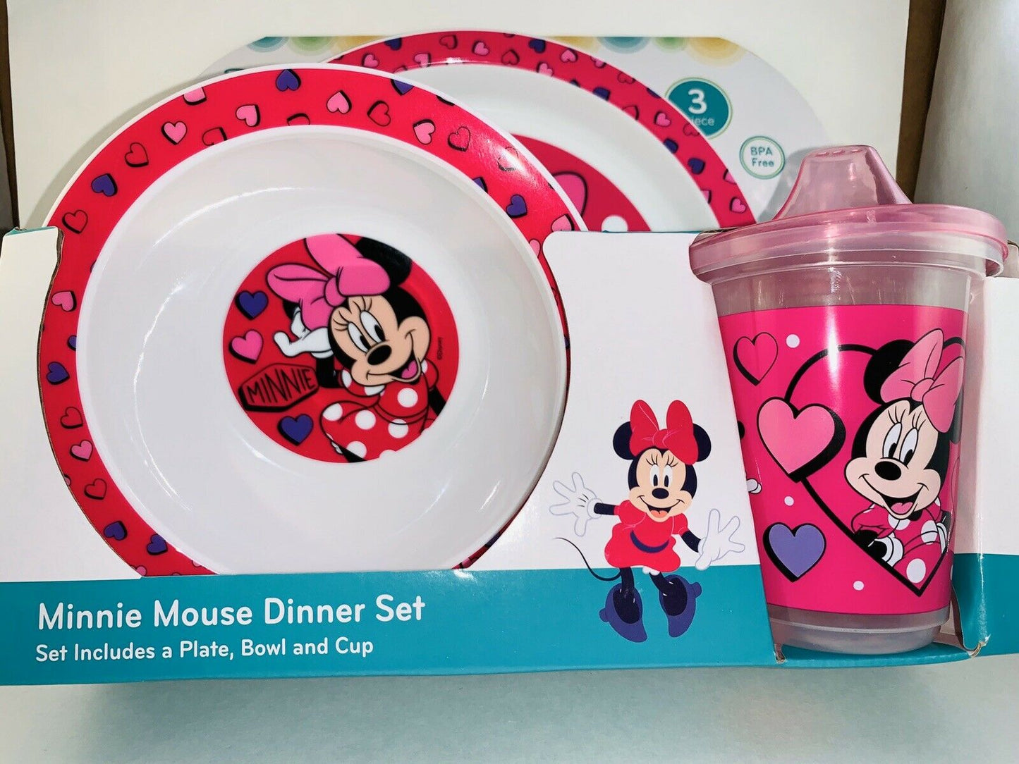 Minnie Mouse 3pc Dinner Set in Open Box (Plate, Bowl and Cup)