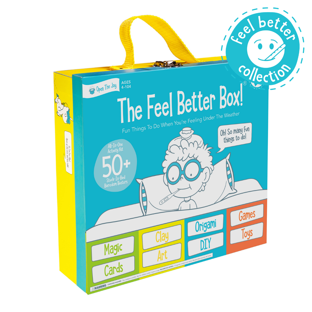 Open The Joy's Feel Better Activity Box - Kids Activity Kit: Clay, Origami, Magic tricks, Playing cards, a DIY wooden foosball, paints and more