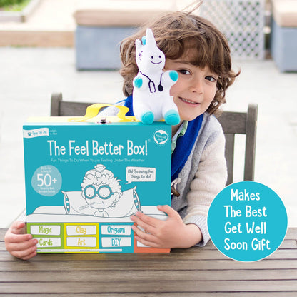 Open The Joy's Feel Better Activity Box - Kids Activity Kit: Clay, Origami, Magic tricks, Playing cards, a DIY wooden foosball, paints and more