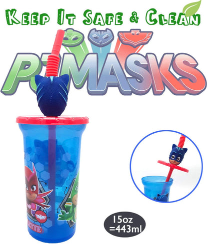 PJ Masks Buddy Sips Water Tumblers with Character Head Straw Drinkware - BPA free, 15 ounces