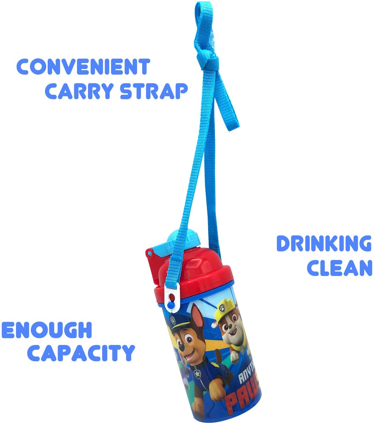 Paw Patrol Friends Carrying Strap One Touch Water Bottles with Reusable Built in Straw - BPA free, Easy to Clean.