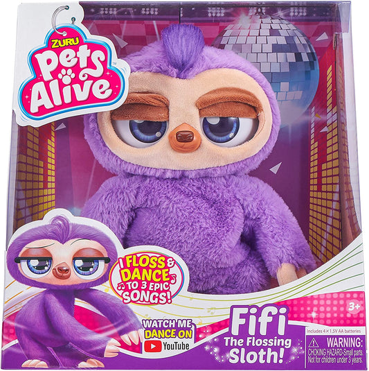 Pets Alive Fifi the Flossing Sloth Purple - 11" Interactive Animal Dancing Robotic Plush Toy with 3 Songs, Floss Dance