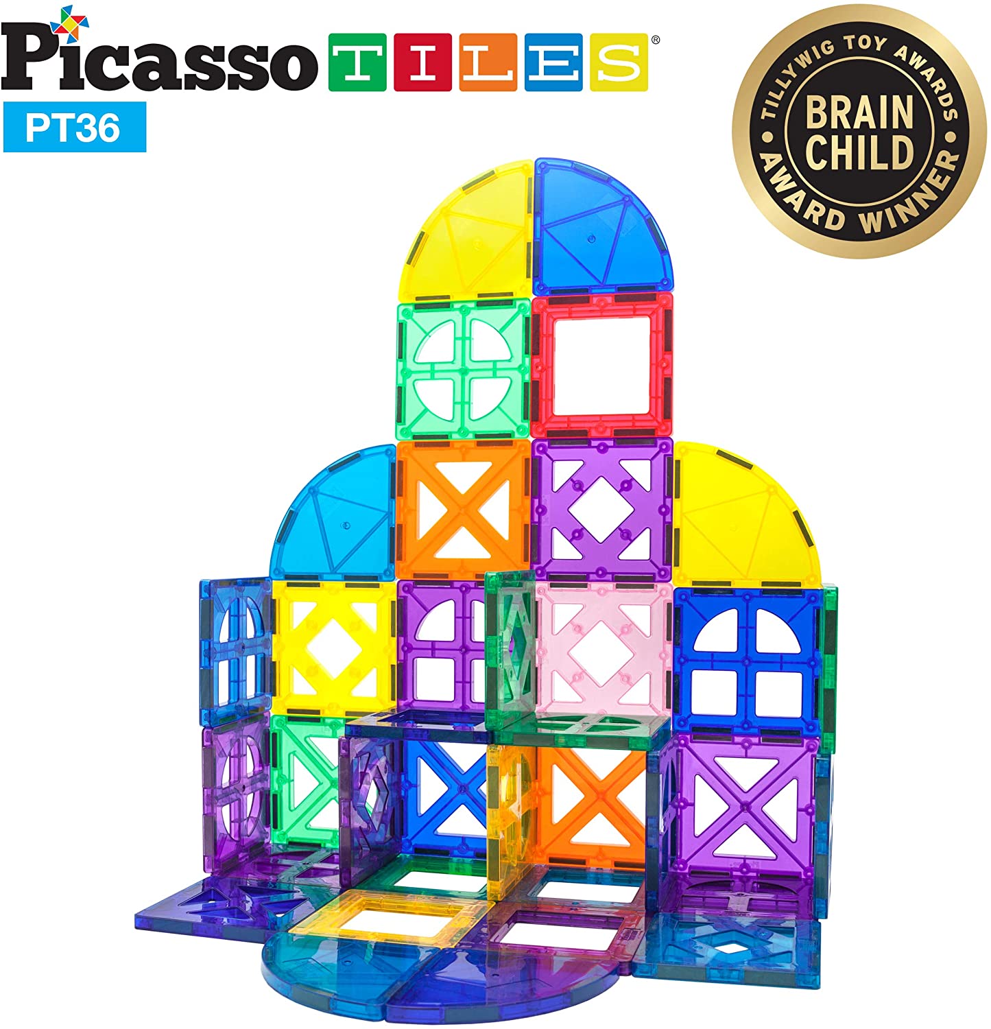 PicassoTiles 36 Piece Magnetic Building Block Quarter Round and Window Set Magnet Construction Toy Educational Kit Engineering STEM
