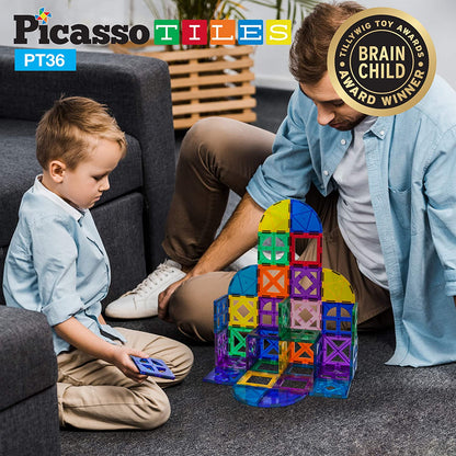 PicassoTiles 36 Piece Magnetic Building Block Quarter Round and Window Set Magnet Construction Toy Educational Kit Engineering STEM