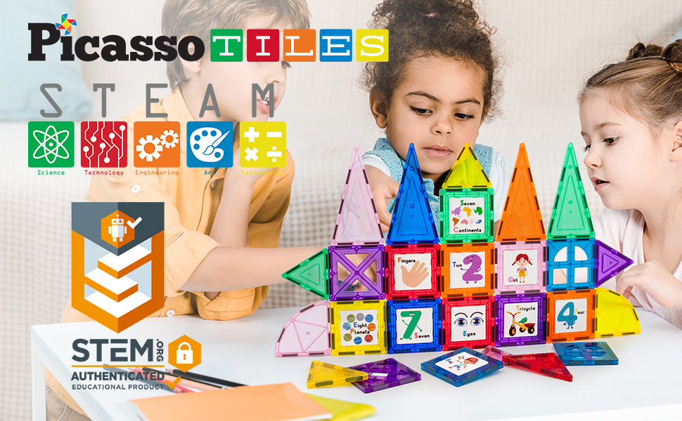 PicassoTiles 42 Piece Magnetic Building Blocks with 32pc Tiles and 10pc Click-in Educational Graphic Arts Magnet Construction Toy Set STEM Learning Playset Child Brain Development Stacking Playboard