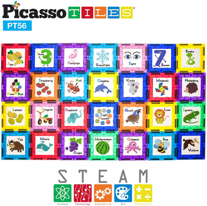 PicassoTiles 56 Piece Magnetic Building Blocks with 28pc Tiles and 28pc Educational Click-in Inserts Magnet Construction Toy Set STEM