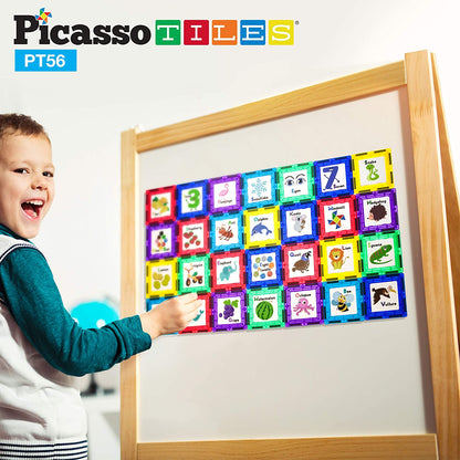 PicassoTiles 56 Piece Magnetic Building Blocks with 28pc Tiles and 28pc Educational Click-in Inserts Magnet Construction Toy Set STEM