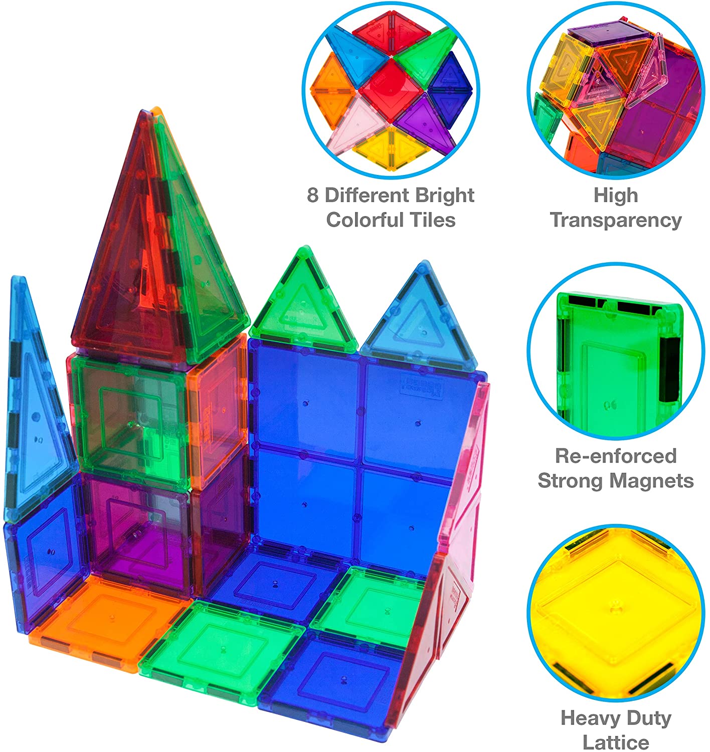 PicassoTiles 60 Piece Magnet Building Tiles Clear Magnetic 3D Building Blocks Construction Playboards