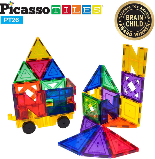 PicassoTiles PT26 Inspirational Set Magnet Building Tiles Clear Color Magnetic 3D Building Block - Creativity Beyond Imagination! Educational