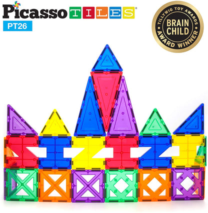 PicassoTiles PT26 Inspirational Set Magnet Building Tiles Clear Color Magnetic 3D Building Block - Creativity Beyond Imagination! Educational