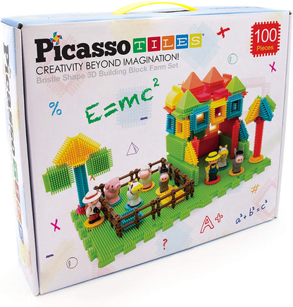 PicassoTiles PTB100 100pcs Bristle Shape 3D Building Blocks Tiles Farm Theme Set Learning Playset STEM Toy Set Educational Kit