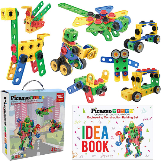 PicassoTiles STEM Learning Toys 105 Piece Building Block Set Kids Construction Engineering Kit Toy Blocks