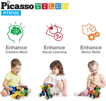 PicassoTiles STEM Learning Toys 105 Piece Building Block Set Kids Construction Engineering Kit Toy Blocks