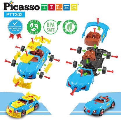 PicassoTiles Take-A-Part Race Car Set with LED, Engine Sound, Mini Electric Power Tool Reversible Drill, Screws Included PTT302