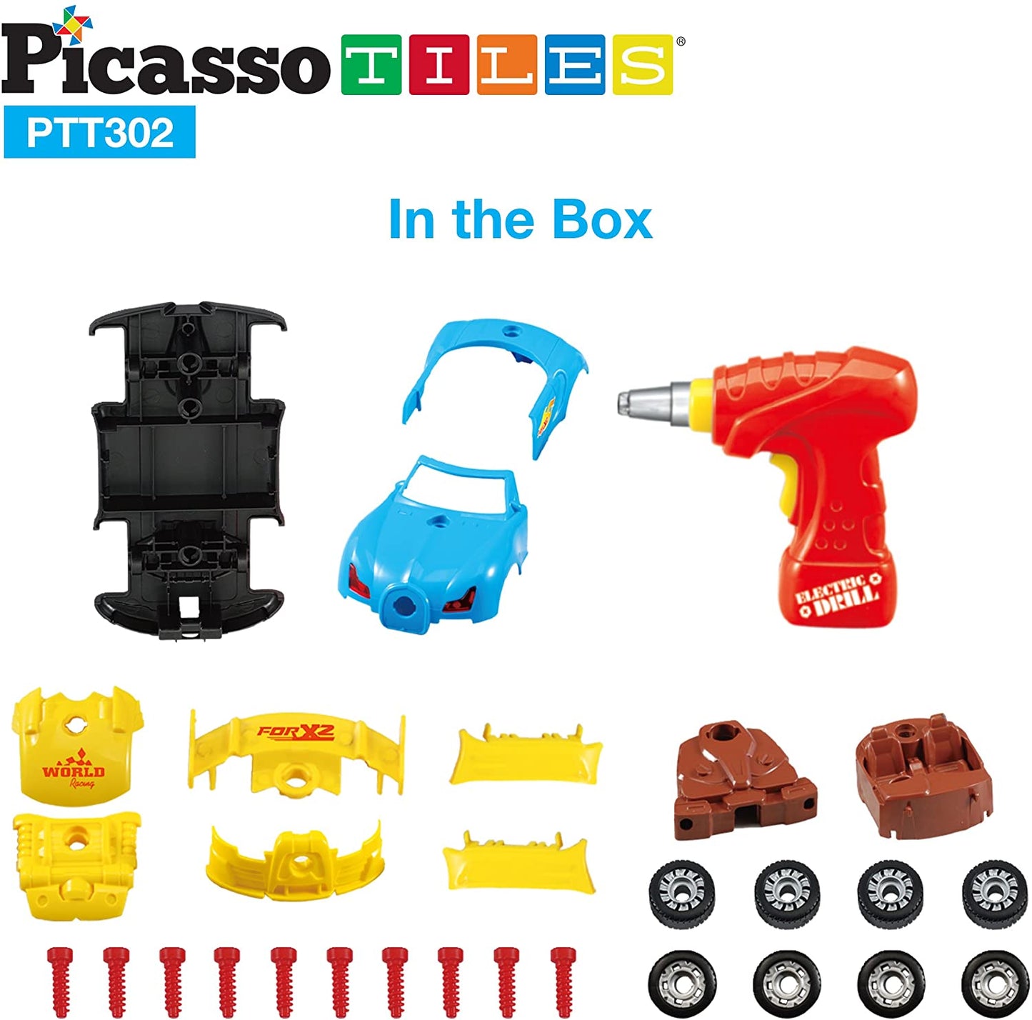 PicassoTiles Take-A-Part Race Car Set with LED, Engine Sound, Mini Electric Power Tool Reversible Drill, Screws Included PTT302