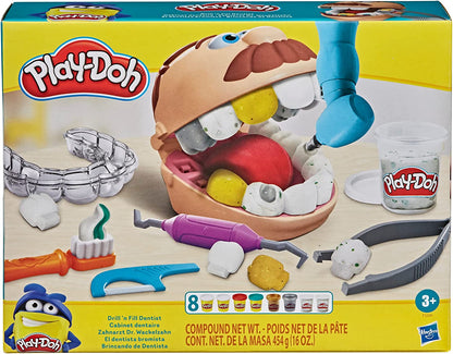 Play-Doh Drill 'n Fill Dentist Toy for Kids 3 Years and Up with Cavity and Metallic Colored Modeling Compound, 10 Tools Play Set