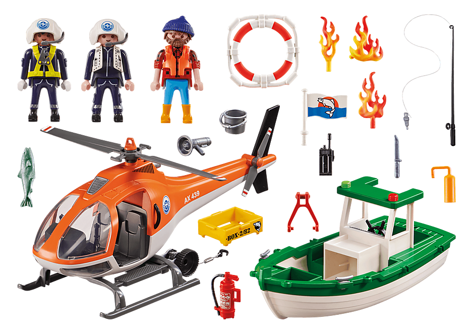 Playmobil Coastal Fire Mission 70491 - Includes 3 Figures, Helicopter, Rescue Gear, Floating Fishing Boat, Fishing Equipment, Fish, and More