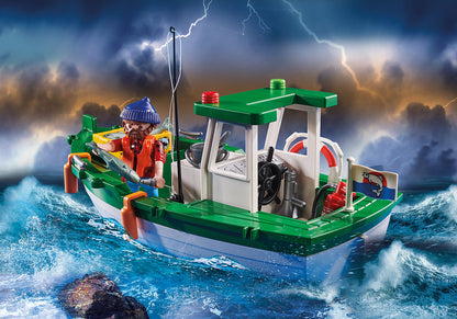 Playmobil Coastal Fire Mission 70491 - Includes 3 Figures, Helicopter, Rescue Gear, Floating Fishing Boat, Fishing Equipment, Fish, and More