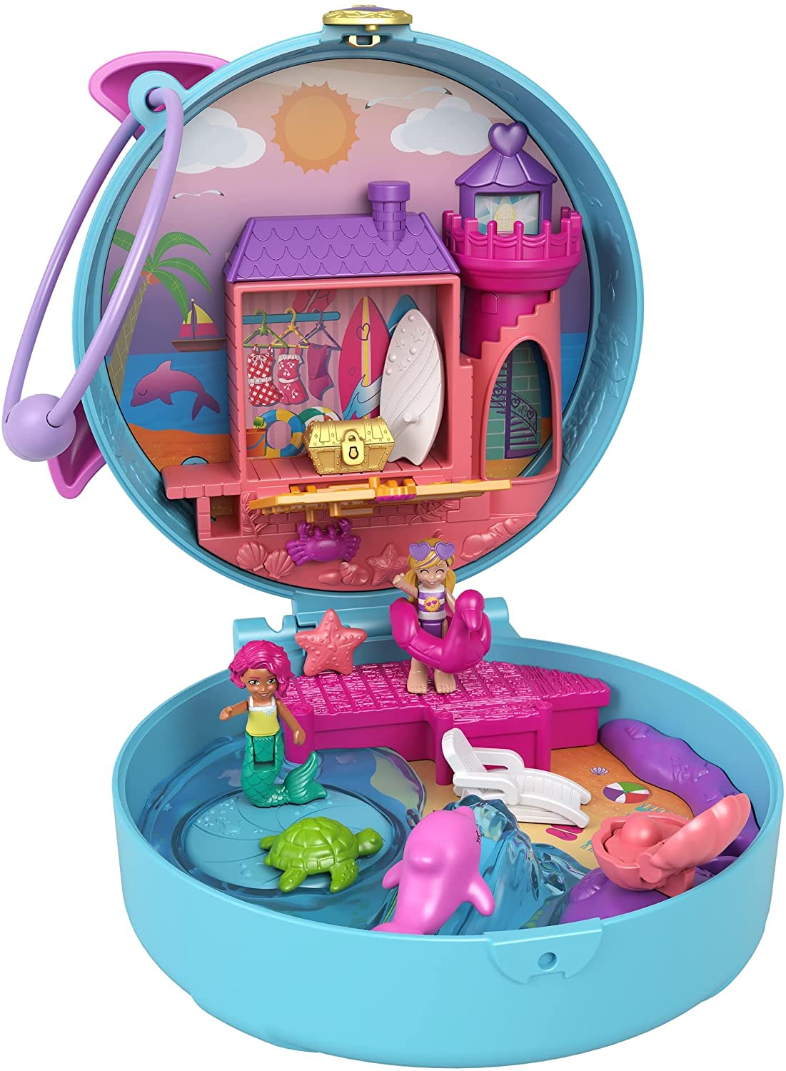 Polly Pocket Dolphin Beach Compact, Beach-Adventure Theme with Micro Polly & Mermaid Doll, 5 Reveals & 13 Accessories, Pop & Swap Feature