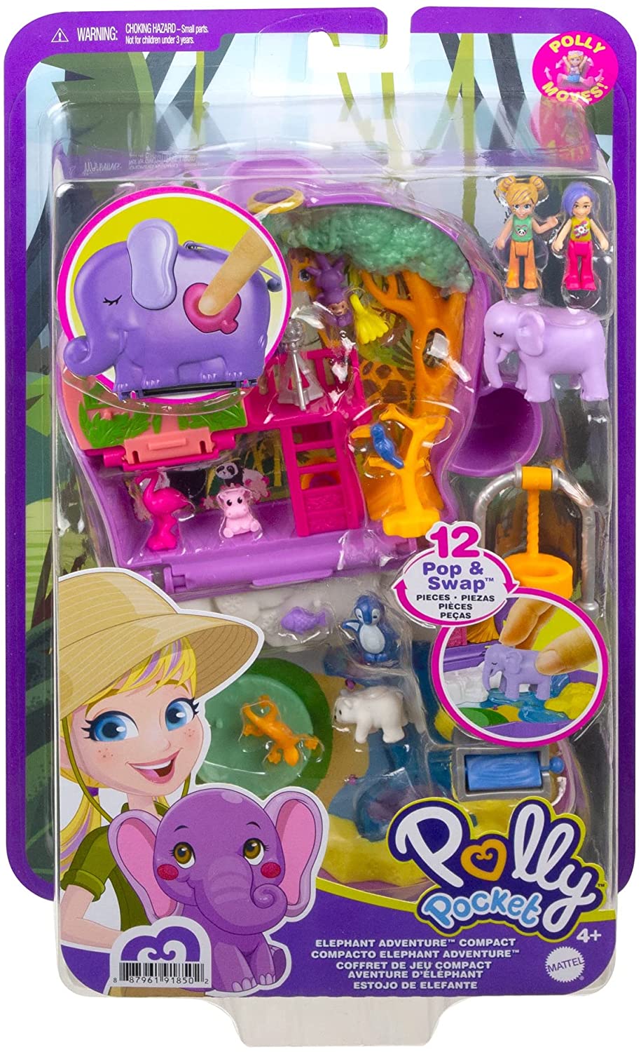 Polly Pocket Elephant Adventure Compact, Animal Theme with Micro Polly & Bella Dolls, 5 Reveals & 13 Related Accessories, Pop & Swap Feature