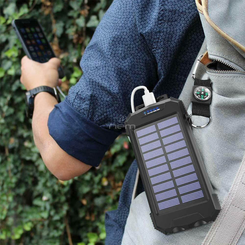 Portable Charger 10,000mAh External Battery Pack - Dual Super Bright Flashlight, Compass Carabiner, Solar Panel Charging (Black)