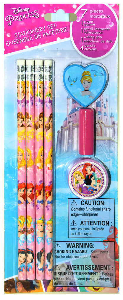 Disney Princess Series Ariel, Belle and Cinderella 7 Piece Stationery Set - 4 Pencils, 2 Shaped Erasers, Sharpener