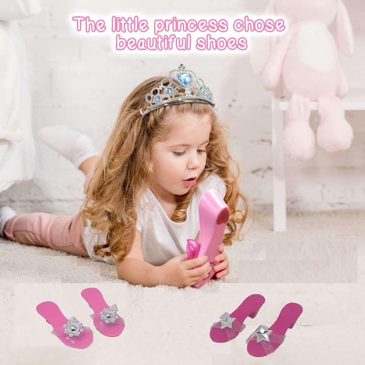 Girls Princess Dress Up Shoes and Jewelry Boutique, Princess Role Play Shoes Collection Set with 4 Pairs of Shoes and 2 Tiaras for Little Girl Aged 3+