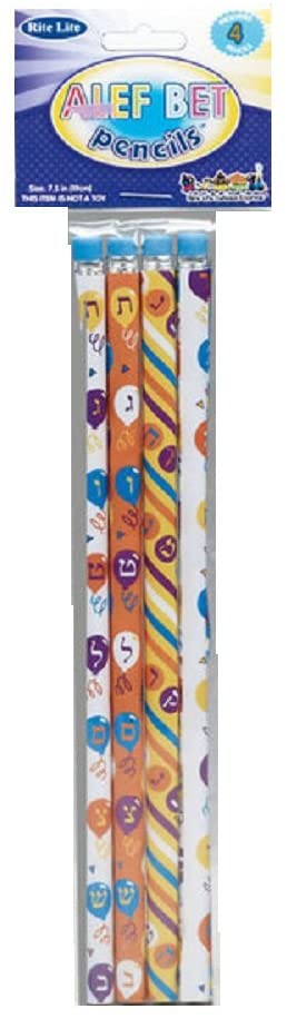Set of 4 Alef-Bet Hebrew Alphabet Pencils - 2 Themed Designs