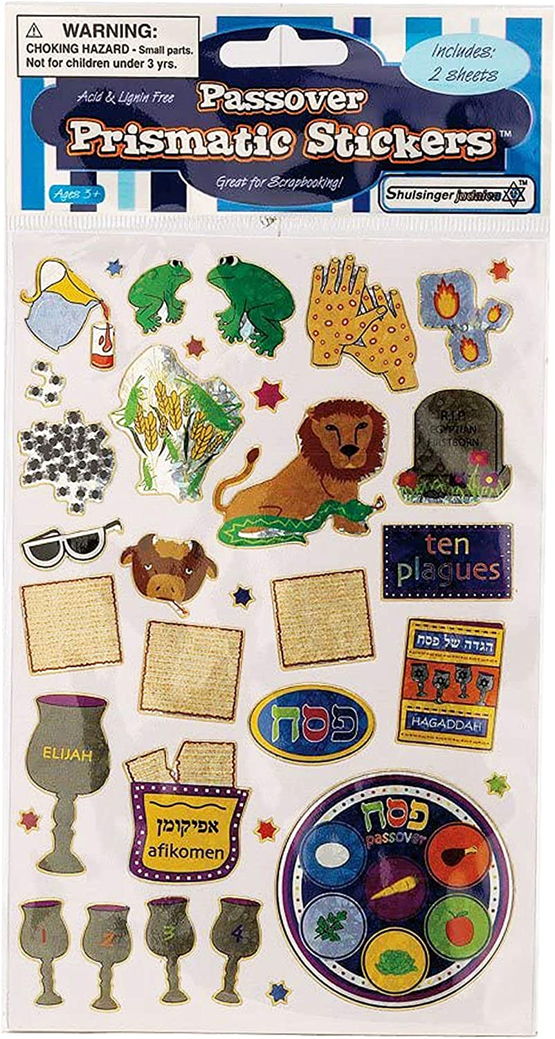 Prismatic Passover Stickers 2 Sheets,  Including Four Cups of Wine, The Plagues, Matzah and Afikomen