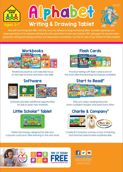 School Zone - Alphabet Writing & Drawing Tablet Workbook - 96 Pages, Ages 3 to 7, Preschool, Kindergarten, 1st Grade, Letters, ABCs, Printing