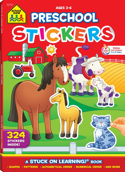 Preschool Stickers Workbook - Ages 3 to 6, Preschool to Kindergarten, Shapes, Patterns, ABC's, Numbers, and Letters