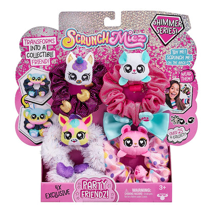 Scrunchmiez 4 Pack Party Friendz Pack, 4 Exclusive That Magically Transform from Hair Scrunchie to Cute Plush Collectible Friend