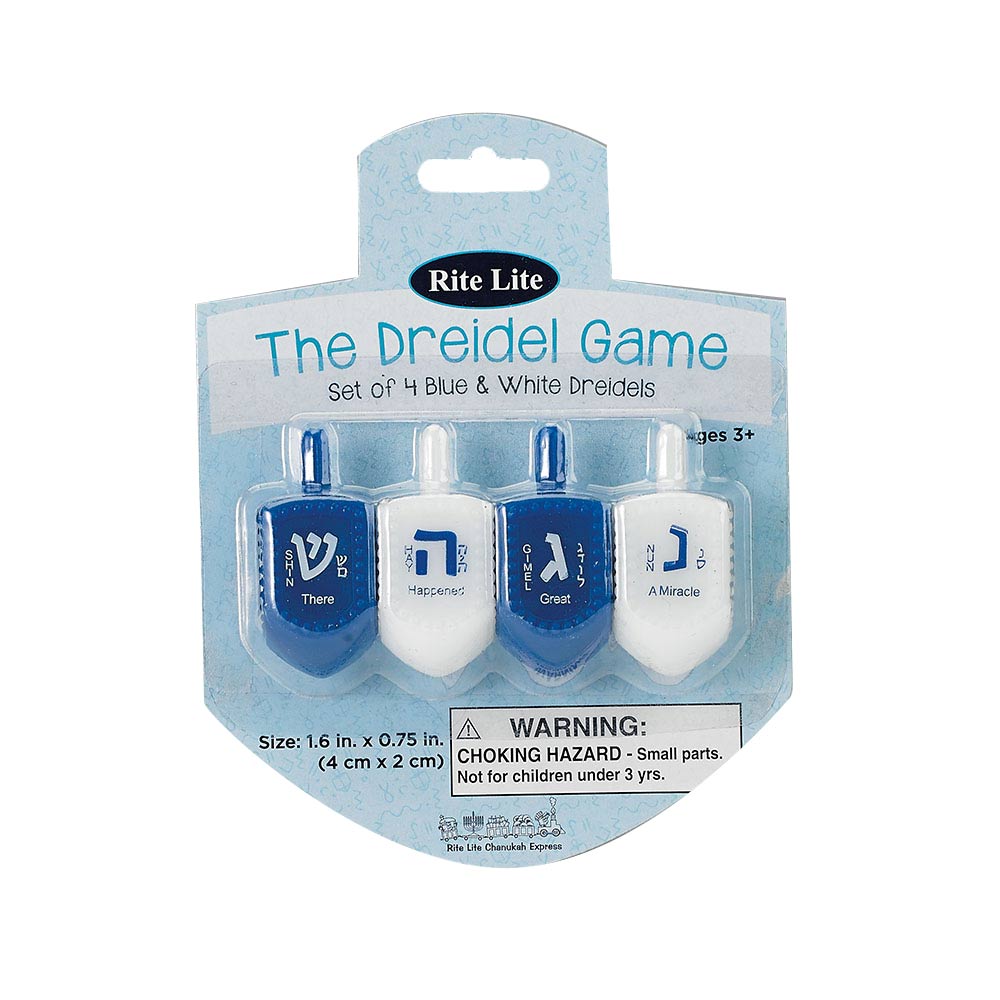 Plastic Dreidels Silk Screened with Blue and White Letters - Set of 4